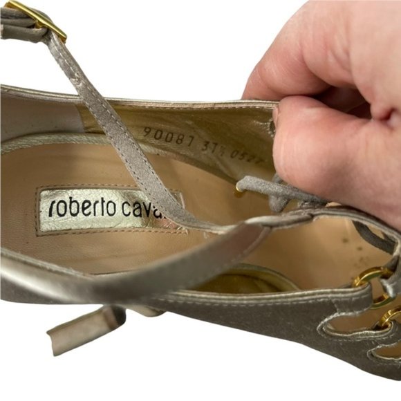 ROBERTO CAVALLI Women's Gold Satin Leather Strappy Lace Up Detail Heels Size37.5 - Picture 8 of 11